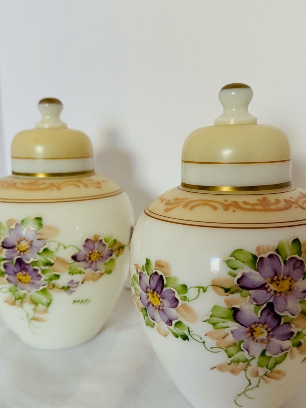 Fenton Cream and Purple Floral Ginger Jars